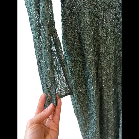 Mac Duggal Long Sleeve Beaded Lace Sequin Green Midi Cocktail Dress Sz 4 NWT - Picture 10 of 16